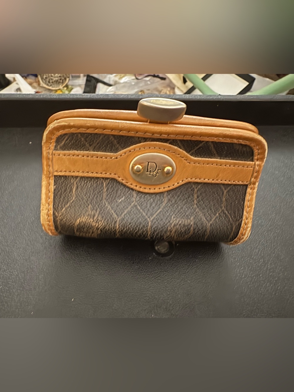 Preloved Dior Brown & Tan Leather coin wallet  with Logo Plaque